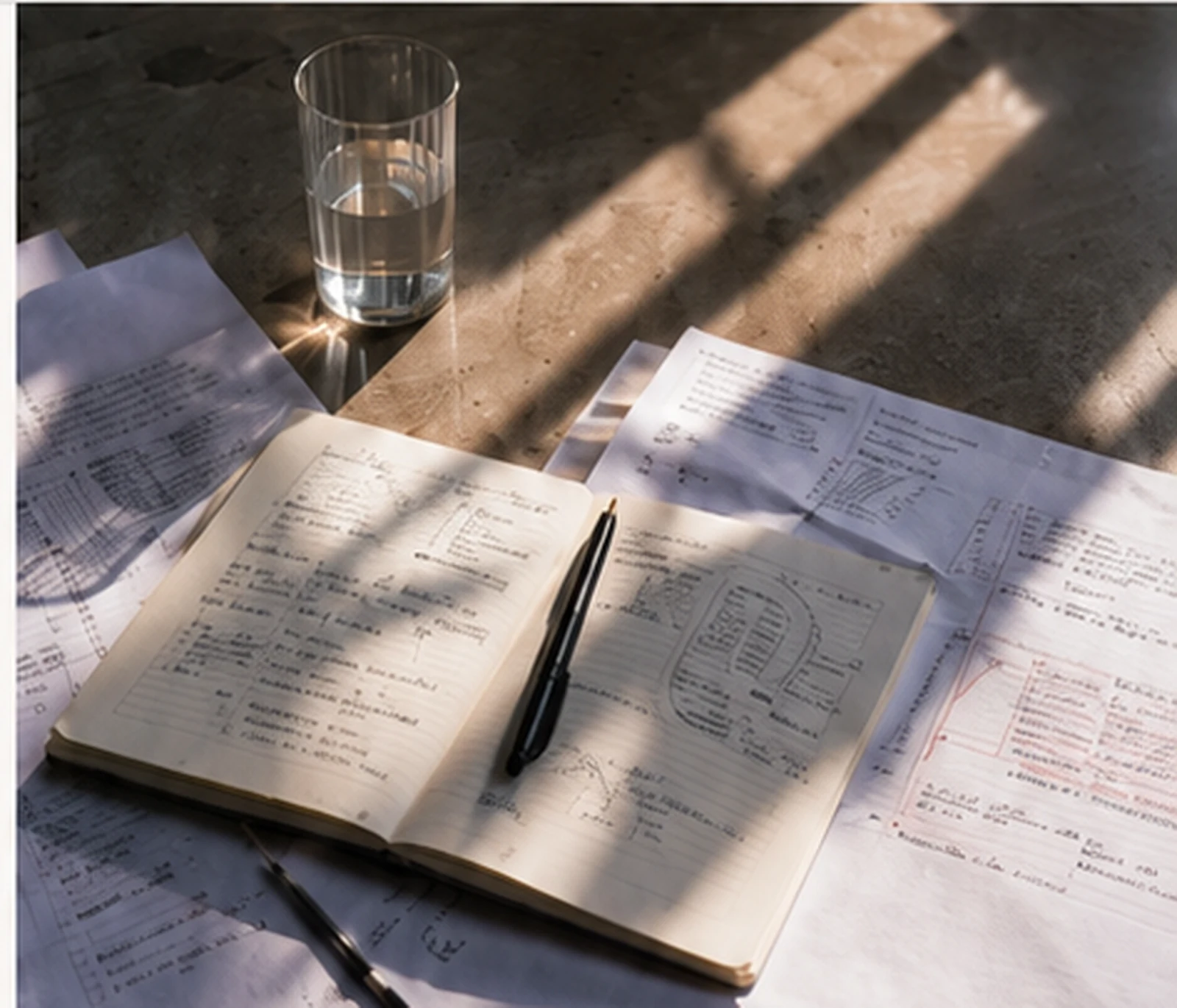 Notebook, working papers and a glass in architectural daylight